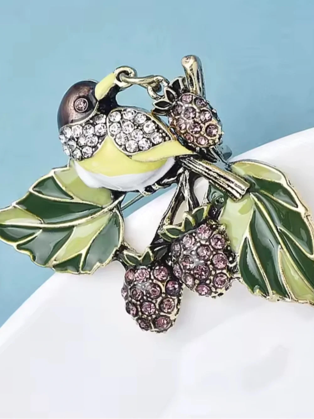 Green Bird Berry Crystal Brooch